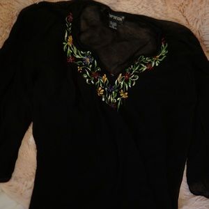 3/4 sleeve floral black top